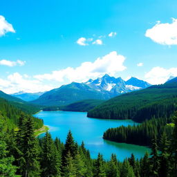 A serene landscape featuring a clear blue lake surrounded by lush green forests, with a majestic mountain range in the background under a bright blue sky with fluffy white clouds