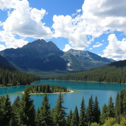 A serene landscape featuring a clear blue lake surrounded by lush green forests, with a majestic mountain range in the background under a bright blue sky with fluffy white clouds