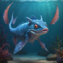 A unique mythical creature, a fusion of a catfish and a dragon, possessing neither arms nor legs. The creature boasts a catfish's whiskered face, vibrant scales, and a dragon's wingless and limbless body, making its home in a magical underwater kingdom.