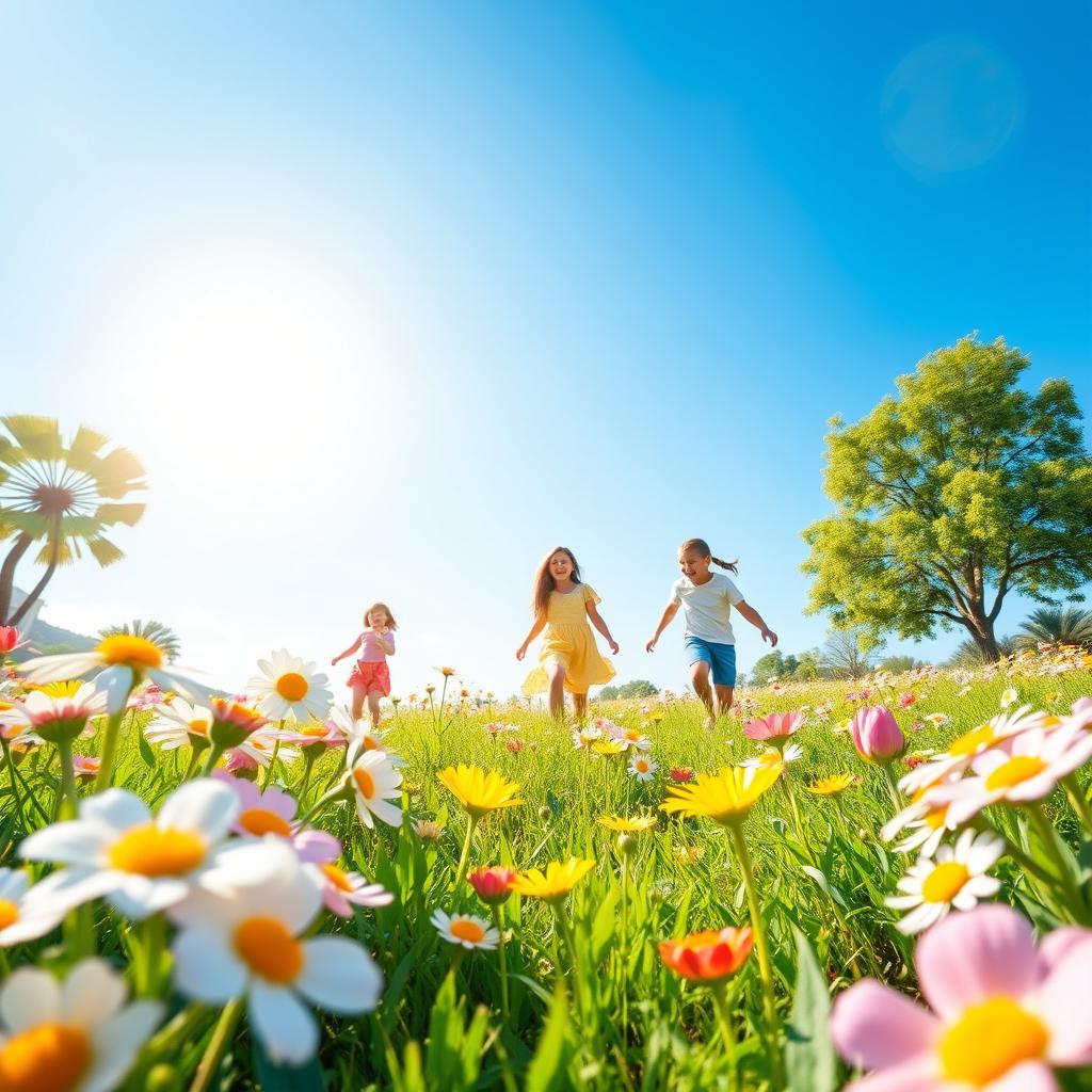 Create an image that is cheerful and vibrant, featuring a sunny landscape with blooming flowers, a clear blue sky, and children playing happily in the background