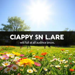 Create an image that is cheerful and vibrant, featuring a sunny landscape with blooming flowers, a clear blue sky, and children playing happily in the background