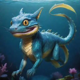 A unique mythical creature, a fusion of a catfish and a dragon, possessing neither arms nor legs. The creature boasts a catfish's whiskered face, vibrant scales, and a dragon's wingless and limbless body, making its home in a magical underwater kingdom.