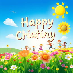 Create an image that is cheerful and vibrant, featuring a sunny landscape with blooming flowers, a clear blue sky, and children playing happily in the background