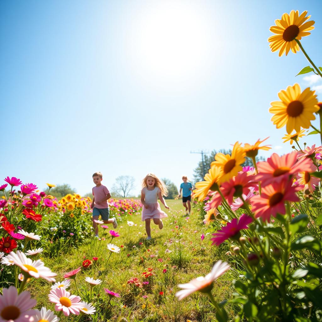 Create an image that is cheerful and vibrant, featuring a sunny landscape with blooming flowers, a clear blue sky, and children playing happily in the background