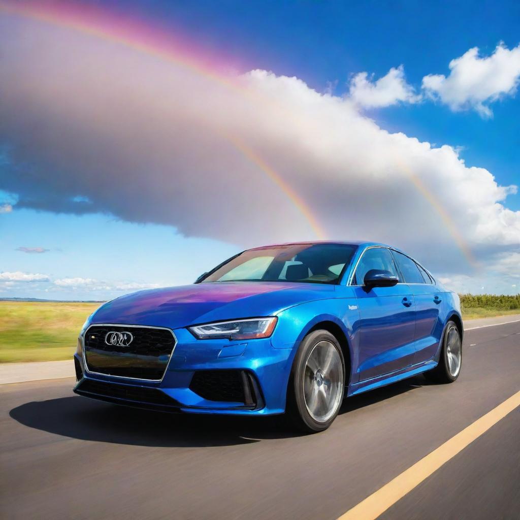 A shiny, sleek car speeding along a vibrant, glowing rainbow in the sky, with fluffy clouds and a sparkling blue sky in the background.