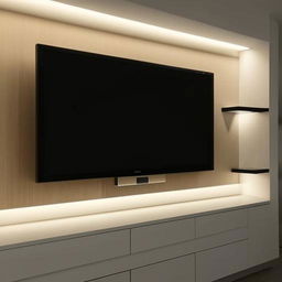 A stylish and modern television showcase integrated into a 6x6 wall. Should include shelving and lighting features