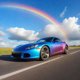 A shiny, sleek car speeding along a vibrant, glowing rainbow in the sky, with fluffy clouds and a sparkling blue sky in the background.