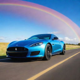 A shiny, sleek car speeding along a vibrant, glowing rainbow in the sky, with fluffy clouds and a sparkling blue sky in the background.