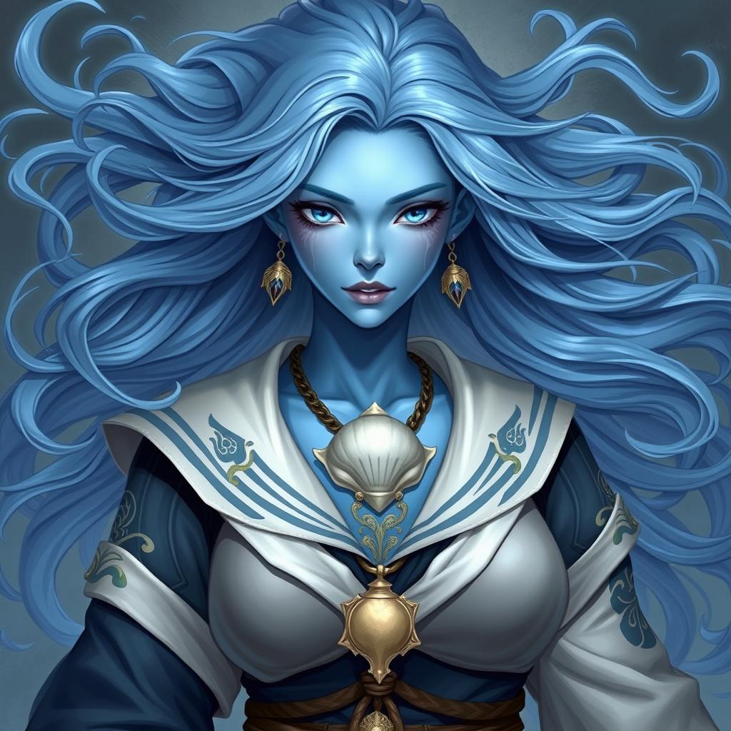 A female water genasi cleric with a sailor backstory