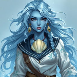 A female water genasi cleric with a sailor backstory