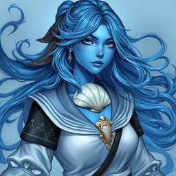 A female water genasi cleric with a sailor backstory