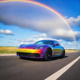 A shiny, sleek car speeding along a vibrant, glowing rainbow in the sky, with fluffy clouds and a sparkling blue sky in the background.