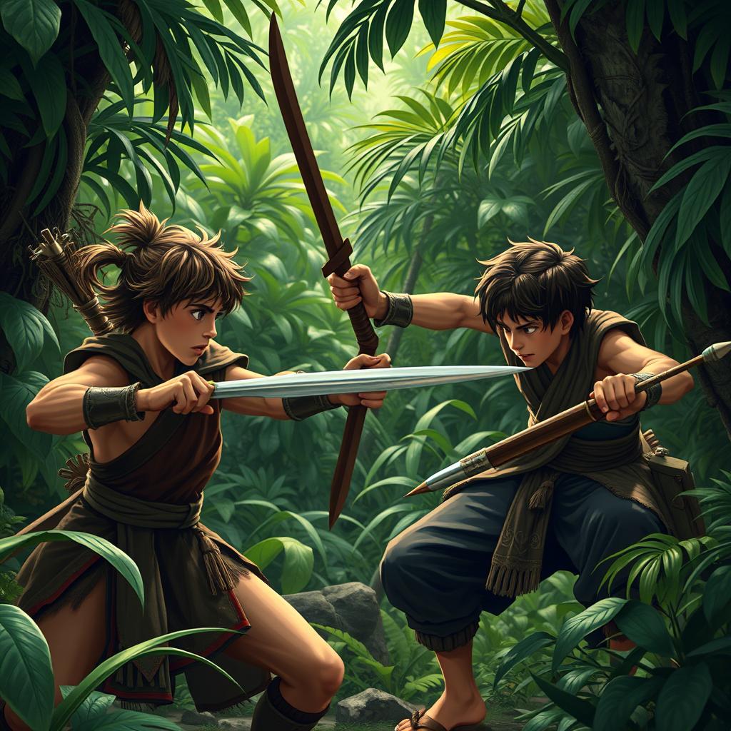 A hero training with their teacher in the jungle, engaging in sword fighting and practicing with arrows