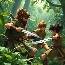 A hero training with their teacher in the jungle, engaging in sword fighting and practicing with arrows