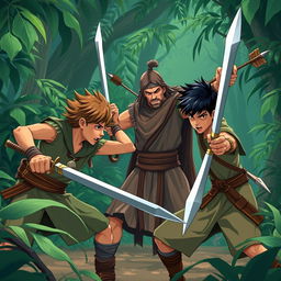 A hero training with their teacher in the jungle, engaging in sword fighting and practicing with arrows