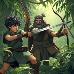 A hero training with their teacher in the jungle, engaging in sword fighting and practicing with arrows