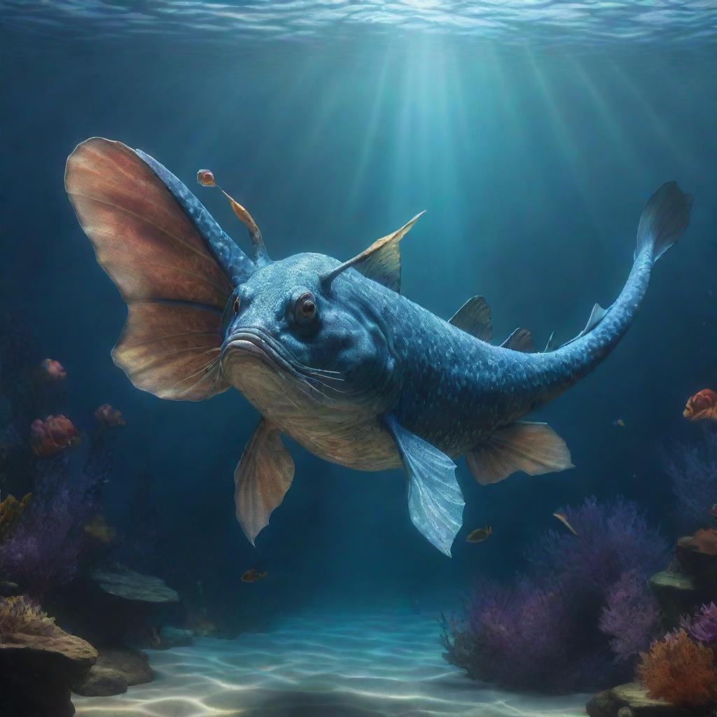 A captivating scene of a mythical catfish with gleaming scales, dragon-like wings, and horns. Despite it not having arms or legs, its majesty is undiminished as it swims in an enchanted underwater kingdom.