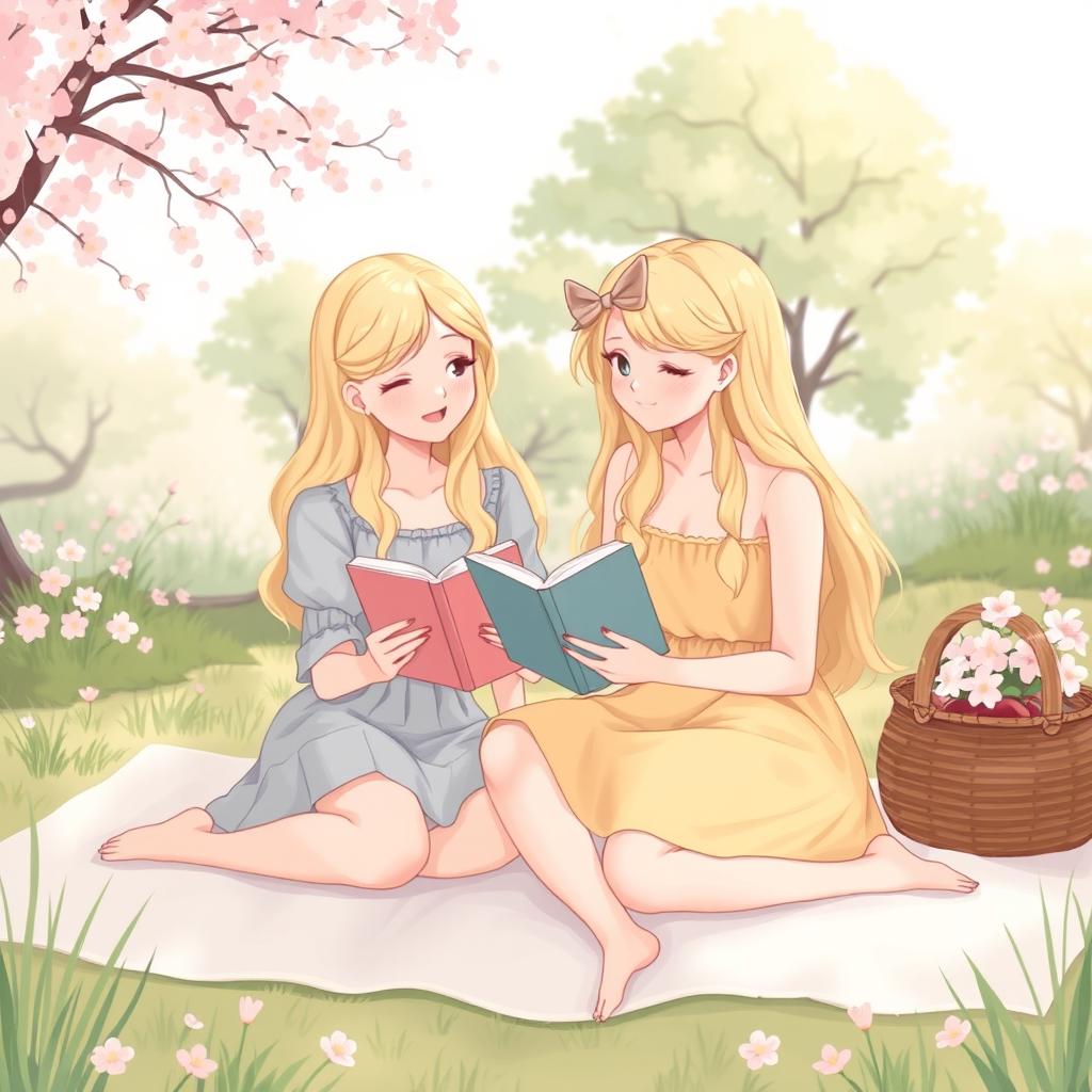 A delicate illustration of two blonde girls having a picnic