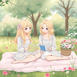 A delicate illustration of two blonde girls having a picnic