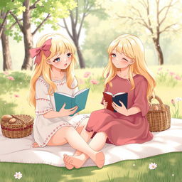 A delicate illustration of two blonde girls having a picnic