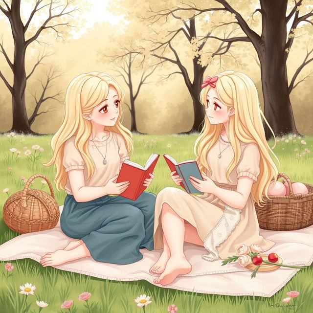 A delicate illustration of two blonde girls having a picnic