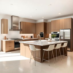 A modern kitchen design with sleek, minimalist cabinets, a large island with bar stools, stainless steel appliances, and ample natural lighting