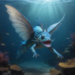 A captivating scene of a mythical catfish with gleaming scales, dragon-like wings, and horns. Despite it not having arms or legs, its majesty is undiminished as it swims in an enchanted underwater kingdom.