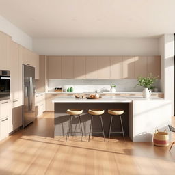 A modern kitchen design with sleek, minimalist cabinets, a large island with bar stools, stainless steel appliances, and ample natural lighting