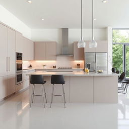 A modern kitchen design with sleek, minimalist cabinets, a large island with bar stools, stainless steel appliances, and ample natural lighting