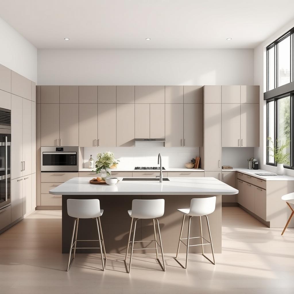 A modern kitchen design with sleek, minimalist cabinets, a large island with bar stools, stainless steel appliances, and ample natural lighting