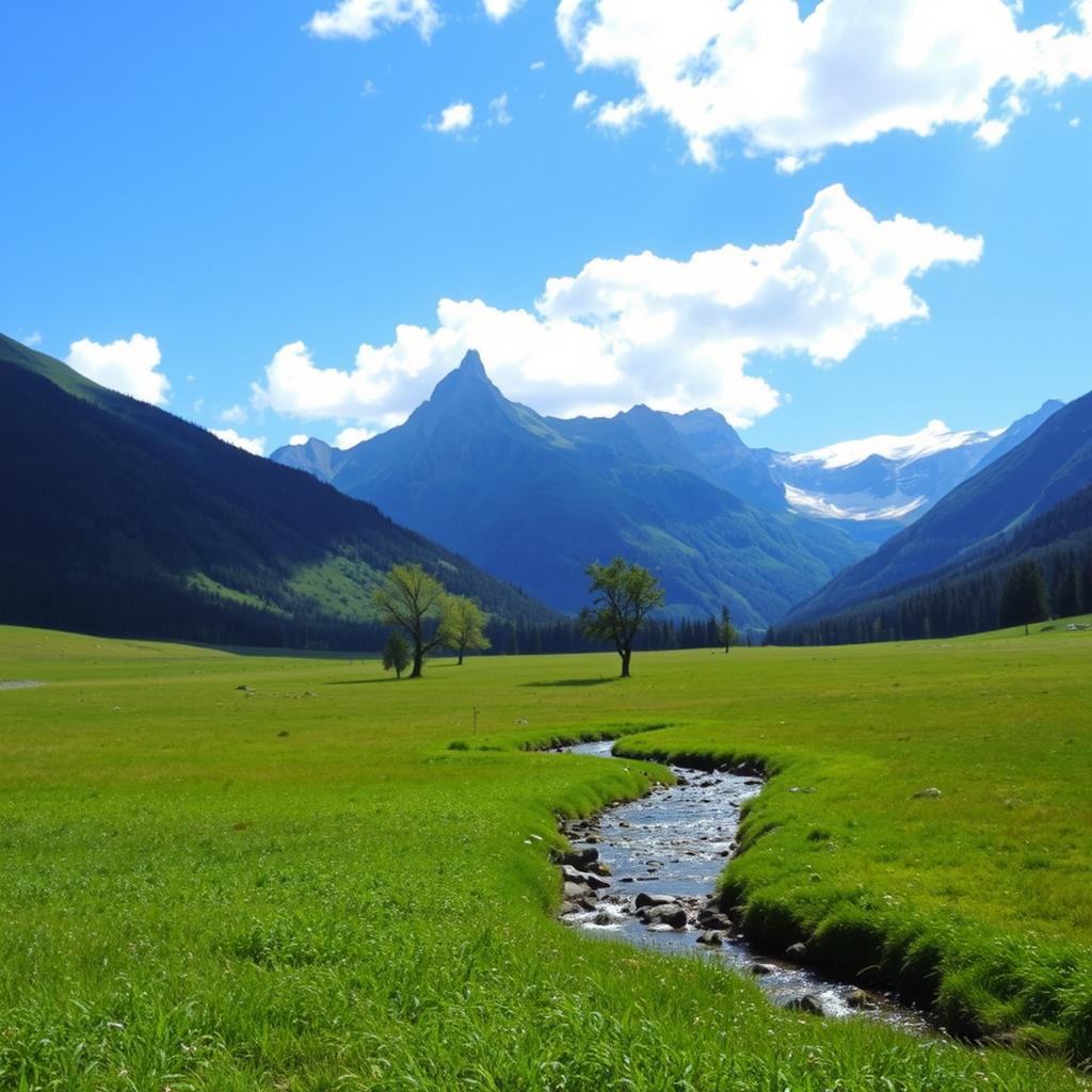 A serene landscape featuring a lush green meadow, a clear blue sky with fluffy white clouds, and a gentle stream flowing through the center