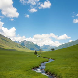 A serene landscape featuring a lush green meadow, a clear blue sky with fluffy white clouds, and a gentle stream flowing through the center