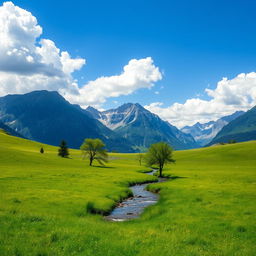 A serene landscape featuring a lush green meadow, a clear blue sky with fluffy white clouds, and a gentle stream flowing through the center