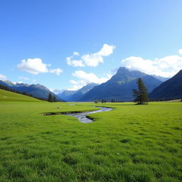 A serene landscape featuring a lush green meadow, a clear blue sky with fluffy white clouds, and a gentle stream flowing through the center