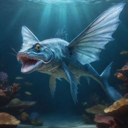 A captivating scene of a mythical catfish with gleaming scales, dragon-like wings, and horns. Despite it not having arms or legs, its majesty is undiminished as it swims in an enchanted underwater kingdom.