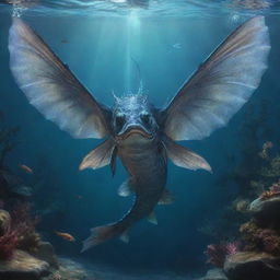 A captivating scene of a mythical catfish with gleaming scales, dragon-like wings, and horns. Despite it not having arms or legs, its majesty is undiminished as it swims in an enchanted underwater kingdom.