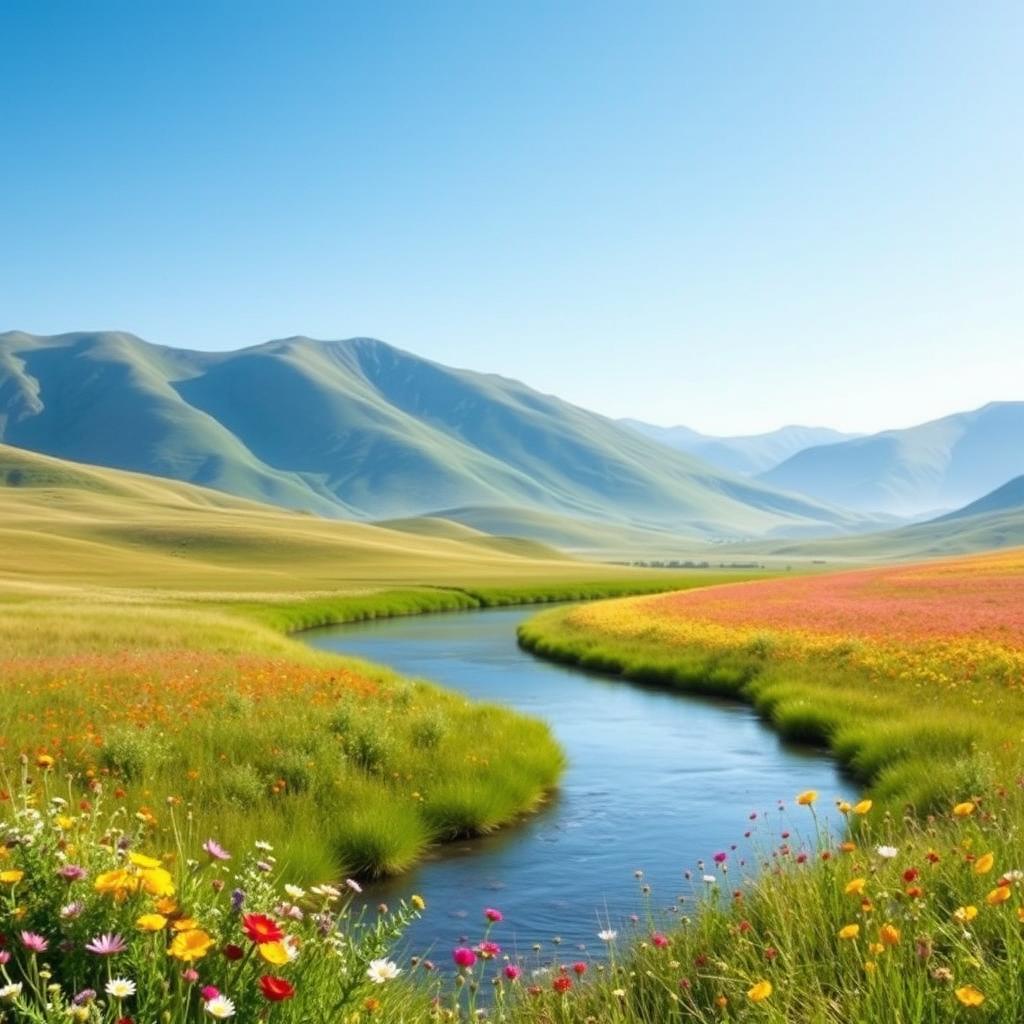 Generate an image of a peaceful and serene landscape with a clear blue sky, gentle rolling hills, and a calm river flowing through a meadow filled with colorful wildflowers