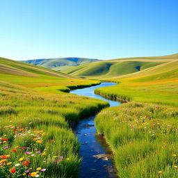 Generate an image of a peaceful and serene landscape with a clear blue sky, gentle rolling hills, and a calm river flowing through a meadow filled with colorful wildflowers