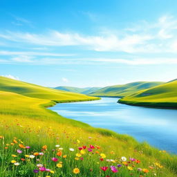 Generate an image of a peaceful and serene landscape with a clear blue sky, gentle rolling hills, and a calm river flowing through a meadow filled with colorful wildflowers