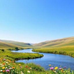 Generate an image of a peaceful and serene landscape with a clear blue sky, gentle rolling hills, and a calm river flowing through a meadow filled with colorful wildflowers