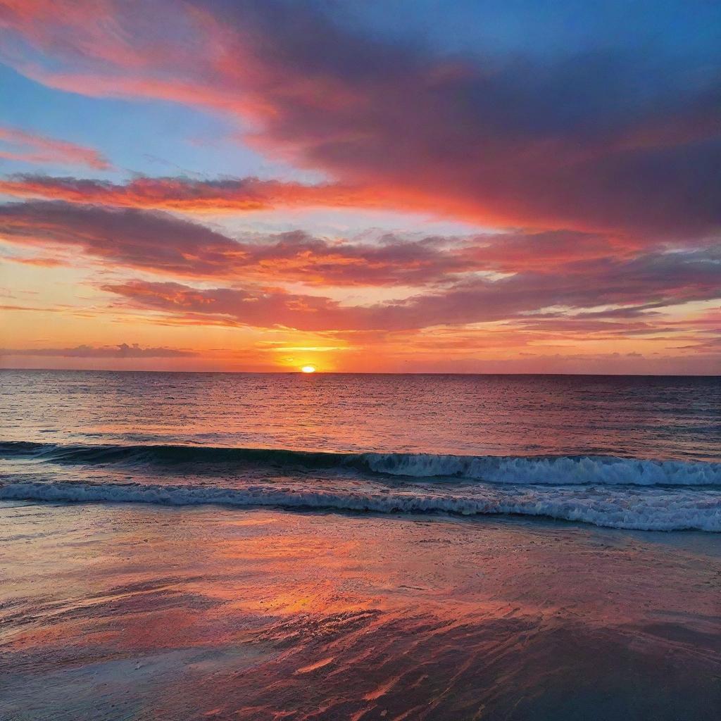 A breathtaking sunset over the ocean with vibrant hues of red, orange and pink reflecting off the shimmering blue water.