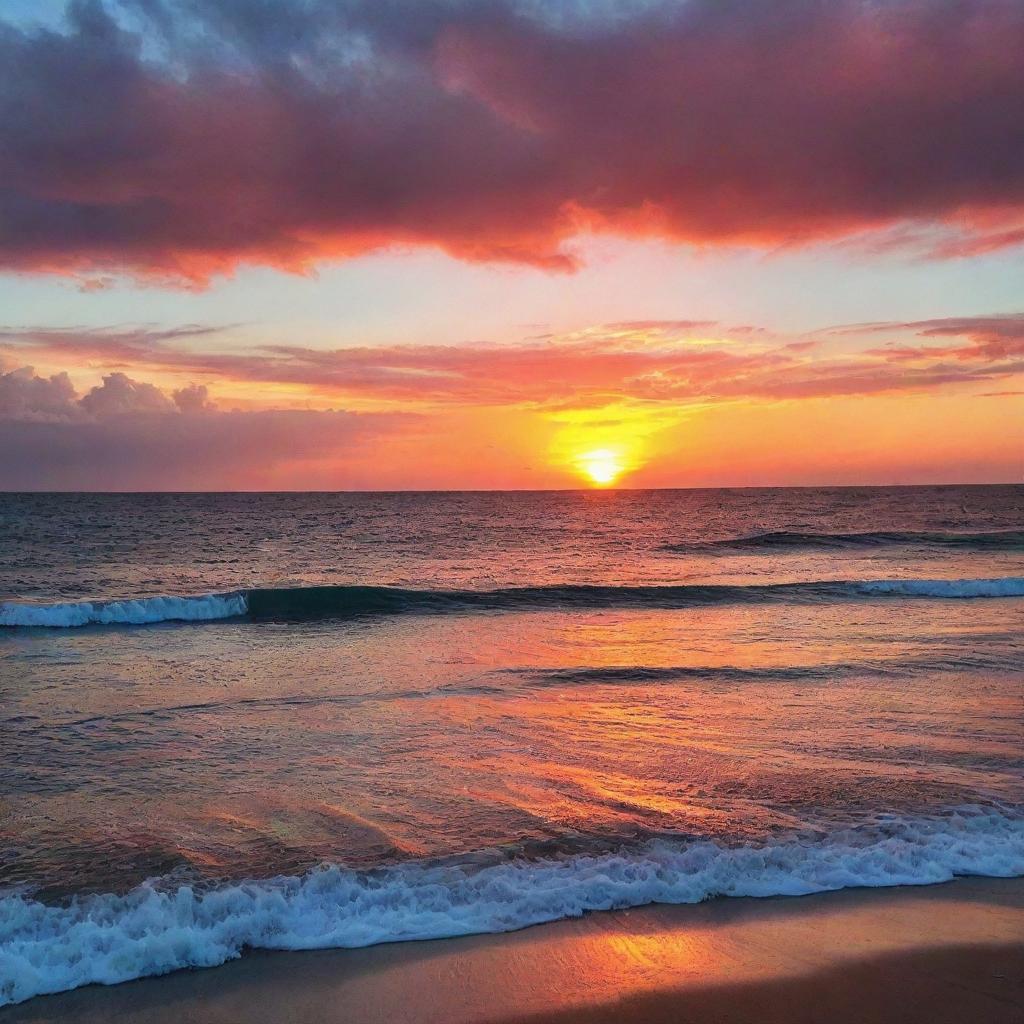 A breathtaking sunset over the ocean with vibrant hues of red, orange and pink reflecting off the shimmering blue water.