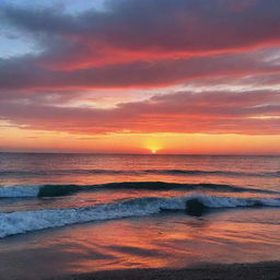 A breathtaking sunset over the ocean with vibrant hues of red, orange and pink reflecting off the shimmering blue water.