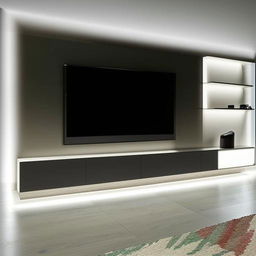 A stylish and modern television showcase integrated into a 6x6 wall. Should include shelving and lighting features