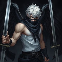 A man with short white hair, black wings, two swords, and a mask covering his mouth