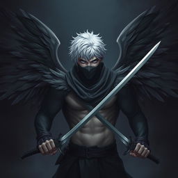 A man with short white hair, black wings, two swords, and a mask covering his mouth