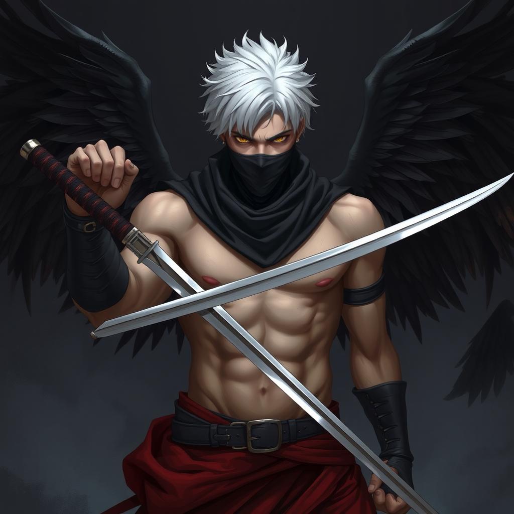 A man with short white hair, black wings, two swords, and a mask covering his mouth