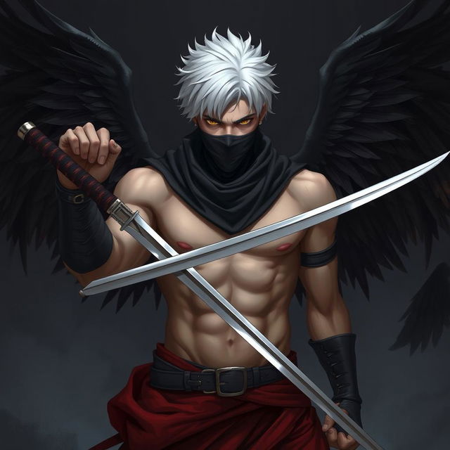 A man with short white hair, black wings, two swords, and a mask covering his mouth