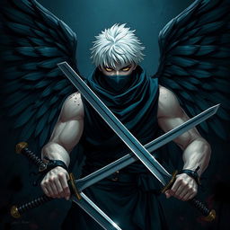 A man with short white hair, black wings, two swords, and a mask covering his mouth