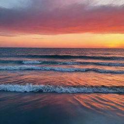 A breathtaking sunset over the ocean with vibrant hues of red, orange and pink reflecting off the shimmering blue water.